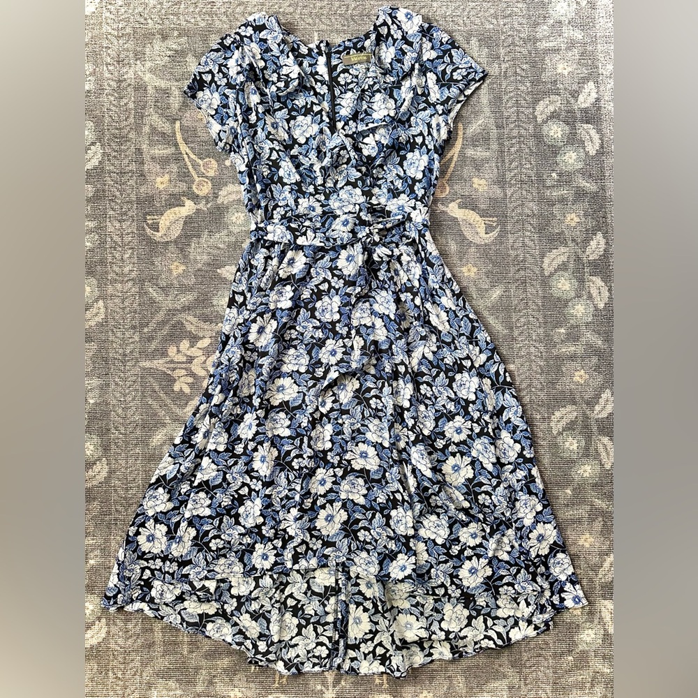 Melanie T Floral High-Low Dress With Ruffle Neck in Blue and White